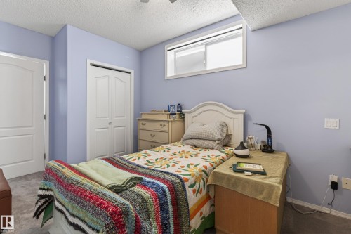 Bedroom with light blue walls, gray carpet, a white framed window, and a white bi-fold closet door - 21 Pipestone Drive, Devon, AB - Indoor Photo Showing Bedroom