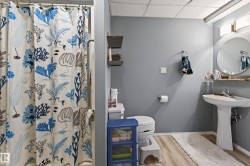 Full bathroom featuring a pedestal sink with a circular mirror, a toilet, and a shower area with a curtain - 