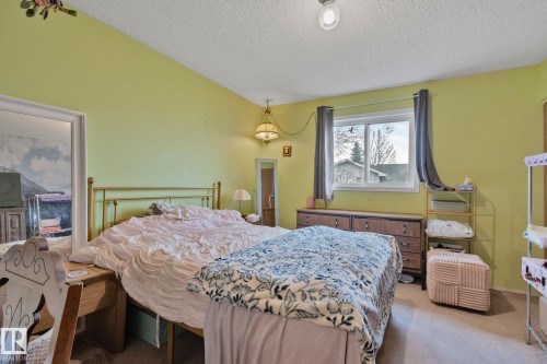 Spacious bedroom featuring light green walls, a large window, a ceiling-mounted light fixture, and textured carpeting - 4707 10A Avenue, Edmonton, AB 