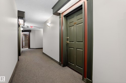 Hallway with textured carpet flooring, white walls, and a paneled entry door with brass hardware - 104 9760 174 Street, Edmonton, AB - Indoor Photo Showing Other Room