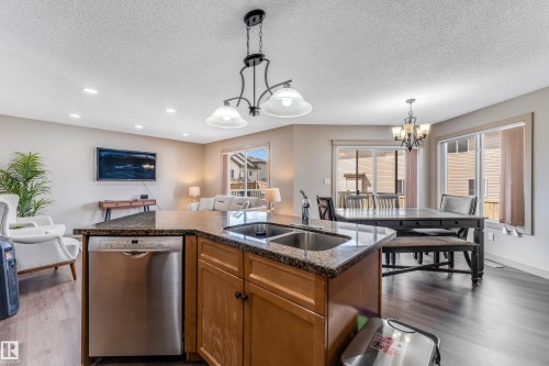 The kitchen features wood cabinetry, a double sink, and a stainless steel dishwasher - 463 Tamarack Green, Edmonton, AB - Indoor Photo Showing Kitchen With Double Sink