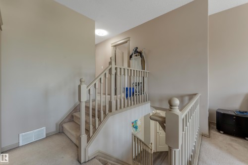 The property features a staircase with carpeted treads and light-colored balusters - 463 Tamarack Green, Edmonton, AB - Indoor Photo Showing Other Room