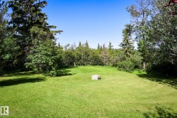 Expansive green lawn surrounded by mature trees, featuring a central concrete fire pit - 