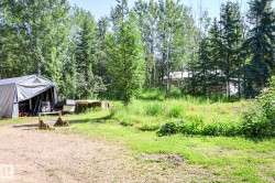Expansive outdoor area featuring a gravel and grass foreground, a tarp-covered structure, and dense mature trees providing natural screening - 