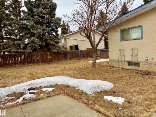 The property features an extensive yard with a wooden fence and mature trees - 15208 92 Street, Edmonton, AB - Outdoor