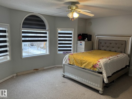 Carpeted room featuring an arched window, two additional rectangular windows, and a ceiling fan with integrated lighting - 3139 34B Avenue, Edmonton, AB 
