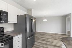 Kitchen area featuring white cabinetry, dark countertop surfaces, a black electric range, and a stainless steel refrigerator - 