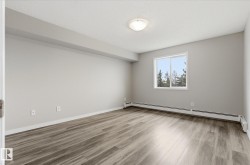 Spacious room featuring light gray walls, wood-finish flooring, and white trim - 