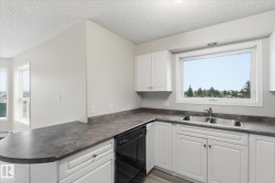 Kitchen featuring white cabinetry, gray countertops, a double basin stainless steel sink, and a black dishwasher - 
