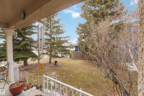 The property features a spacious yard with a lawn, mature evergreen trees, and a wooden fence along the perimeter - #1 Colonial Close, Beaumont, AB - Outdoor