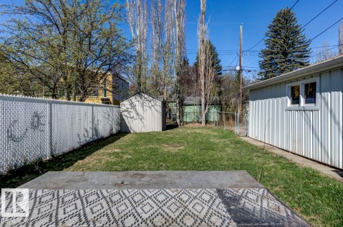 Spacious backyard featuring a chain-link fence, mature trees, a storage shed, and a detached structure with siding and windows - 9602 90 Street, Edmonton, AB - Outdoor