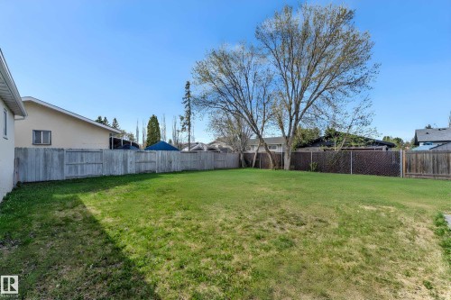 Expansive backyard featuring a large grassy area, privacy fencing, and mature trees - 3520 19 Avenue, Edmonton, AB - Outdoor With Backyard