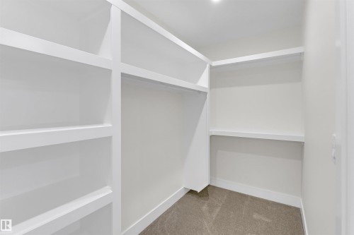 Custom built-in shelving system with white finish, integrated hanging rods, recessed lighting, and neutral tone carpeting - 7936 91 Avenue, Edmonton, AB - Indoor With Storage