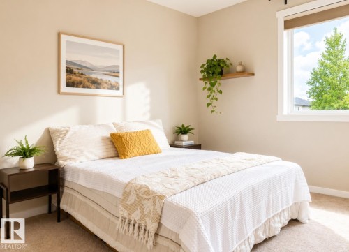 Carpeted room with a large window, neutral wall paint, and a built-in floating wooden shelf - 225 51A Street, Edmonton, AB 