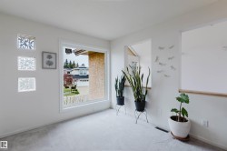 Bright interior space featuring a large picture window, patterned glass block accents, and light-colored carpeting - 