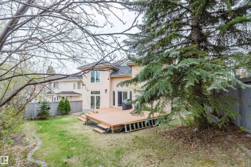 Expansive backyard featuring a multi-level wood deck, established evergreen landscaping, a manicured lawn, and a stone-lined pathway - 342 O'Connor Close, Edmonton, AB - Outdoor