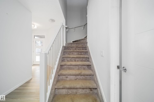 Curved staircase with carpeted treads and white wood balusters - 9651 229 Street, Edmonton, AB - Indoor Photo Showing Other Room