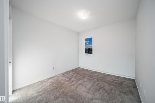 Neutral color palette featuring white walls and gray textured carpeting, a window with white trim, white baseboards, and a flush-mount ceiling light fixture - 9651 229 Street, Edmonton, AB - Indoor Photo Showing Other Room