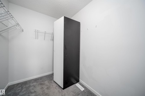 Spacious closet featuring grey carpeting, white baseboards, and a combination of wire shelving and a tall, built-in storage unit - 9651 229 Street, Edmonton, AB - Indoor
