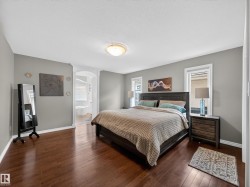 Spacious bedroom featuring rich wood-finish flooring, light gray walls, white trim, and a ceiling-mounted light fixture - 