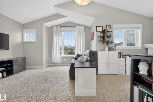 Vaulted ceilings defining a spacious room featuring multiple windows, neutral wall tones, and plush carpeting - 2146 Austin Link Link, Edmonton, AB - Indoor