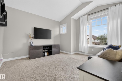 Carpeted room featuring vaulted ceilings, light gray walls, and white trim - 2146 Austin Link Link, Edmonton, AB - Indoor