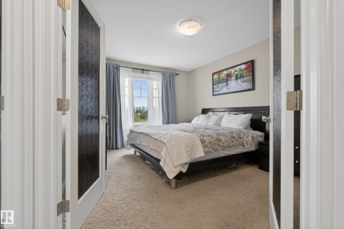 Carpeted bedroom featuring a large window with white muntins, light-colored walls, and a ceiling-mounted light fixture - 2146 Austin Link Link, Edmonton, AB - Indoor Photo Showing Bedroom