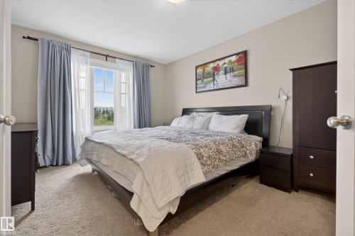 Bedroom featuring a large multi-pane window, neutral-toned walls, and plush carpet flooring - 2146 Austin Link Link, Edmonton, AB - Indoor Photo Showing Bedroom