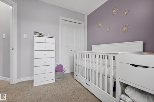 Plush carpet flooring complements pale lavender walls and a contrasting accent wall - 2146 Austin Link Link, Edmonton, AB - Indoor Photo Showing Bedroom