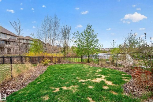 Expansive backyard featuring a lush lawn area, perimeter fencing, mature trees, and a distant water feature - 2146 Austin Link Link, Edmonton, AB - Outdoor