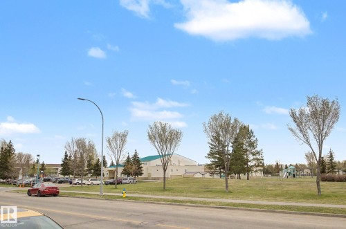 Expansive green space featuring mature trees and a distant play structure - 213 17404 64 Avenue, Edmonton, AB 