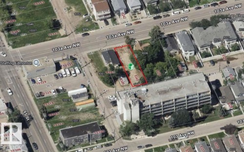 Aerial Property View. Illustrating the property's location and surrounding structures - 9345 103A Avenue, Edmonton, AB 