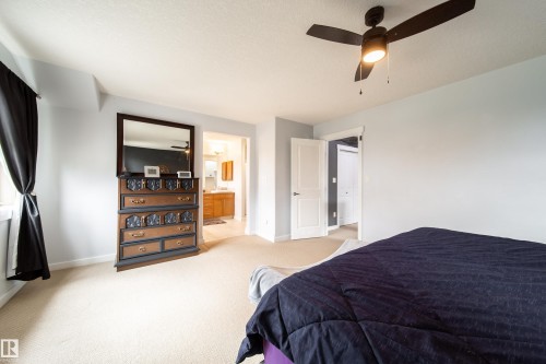 Carpeted bedroom with a ceiling fan light fixture and light blue painted walls - 2016 125 Street, Edmonton, AB - Indoor Photo Showing Bedroom