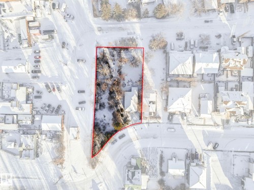 Aerial perspective showcasing a parcel of land outlined in red, featuring a single-family residence and mature trees - 5043 48 St Nw, Sylvan Lake, AB - Other