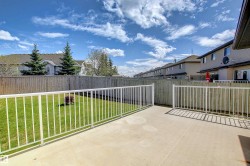 Expansive concrete patio with white metal railings and gate, overlooking a fenced backyard with green lawn - 