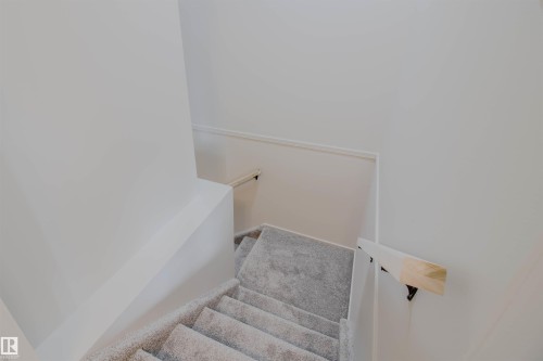 Carpeted stairs featuring a light gray hue and white baseboards - 5935 189 Street, Edmonton, AB - Indoor