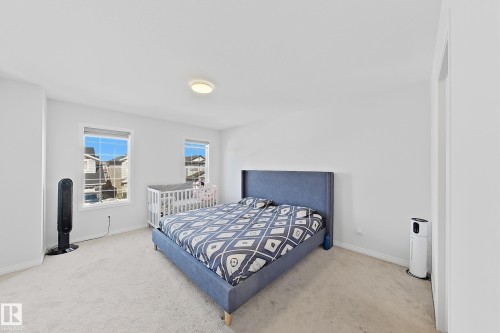Bright bedroom featuring two large windows, neutral carpeting, and a ceiling-mounted light fixture - 1231 Watt Drive, Edmonton, AB - Indoor Photo Showing Bedroom