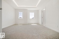 Spacious room featuring light gray carpeting, two sash windows with grilles, a tray ceiling, white baseboards, and a white interior door - 