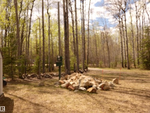 Front yard, from the driveway, showing the rocks --which will stay for the new owner to complete whatever decorative project they may have in mind. Owner has accomplished some of the work but unable to finish---leaving for new owner's "vision". - 307 Willow Place, Rural Barrhead County, AB 
