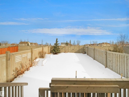 Expansive backyard featuring a full perimeter wood fence, a large open snow-covered area, and built-in garden beds - 8921 217 Street Nw, Edmonton, AB - Outdoor