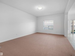 Carpeted room with white walls, a single window, and a flush mount ceiling light - 