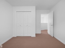 Carpeted room with white walls, baseboards, and ceiling trim - 