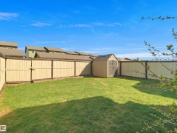 Expansive fenced backyard featuring a manicured lawn, a detached storage shed, and a privacy fence - 