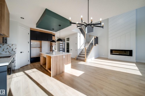 8603 183 Avenue, Edmonton, AB - Indoor Photo Showing Kitchen With Fireplace