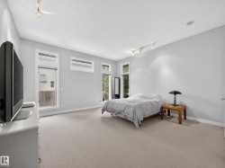Carpeted room featuring multiple windows with white trim, track lighting, and a built-in ceiling speaker - 