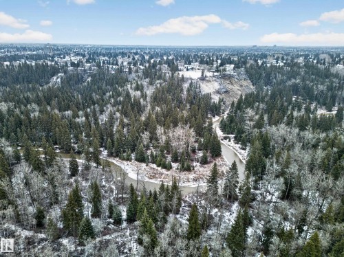 River landscape featuring dense evergreen and deciduous trees, with snow-dusted ground and distant urban architecture - 569 Butterworth Way, Edmonton, AB - Outdoor With View