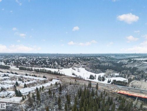 Aerial perspective showcasing a broad suburban landscape with extensive tree coverage and a distant city skyline - 569 Butterworth Way, Edmonton, AB - Outdoor With View