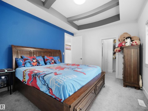 Spacious room featuring a tray ceiling with accent painting, plush gray carpeting, and a vibrant accent wall - 1208 25 St Nw, Edmonton, AB - Indoor Photo Showing Bedroom