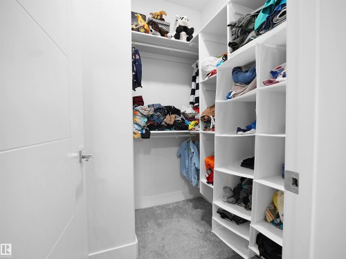 Spacious walk-in closet featuring white built-in shelving, hanging rods, and light gray carpeting - 1208 25 St Nw, Edmonton, AB - Indoor With Storage