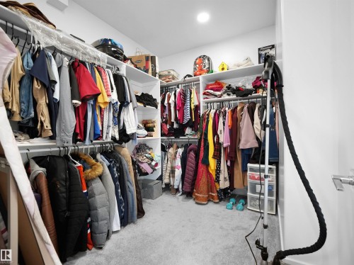 Spacious walk-in closet featuring built-in shelving, multiple hanging rods, recessed lighting, and soft carpet flooring - 1208 25 St Nw, Edmonton, AB - Indoor With Storage